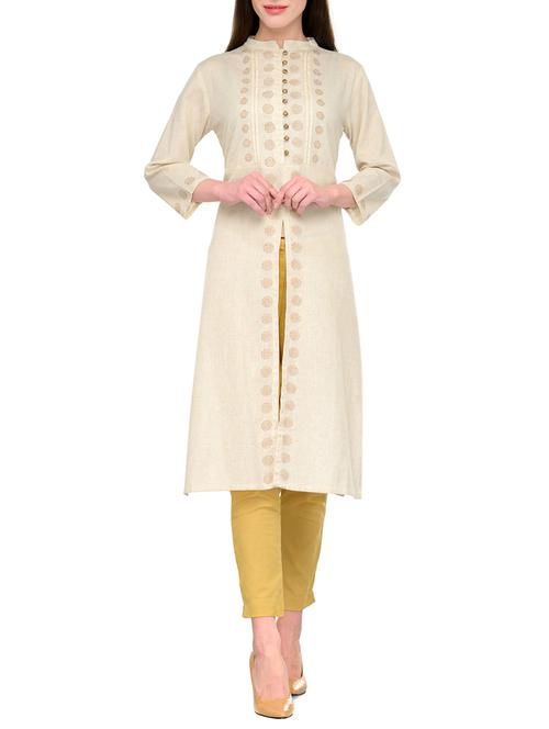 cream cotton high slit kurta - 13248545 - Very Small Image - 1