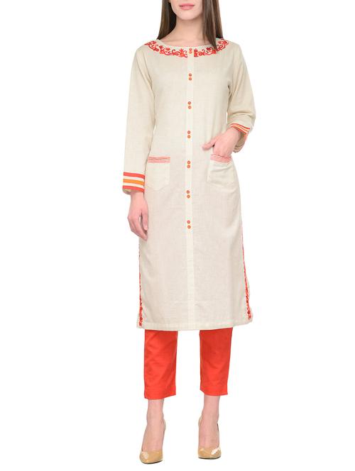 cream cotton long kurta - 13248546 - Very Small Image - 1