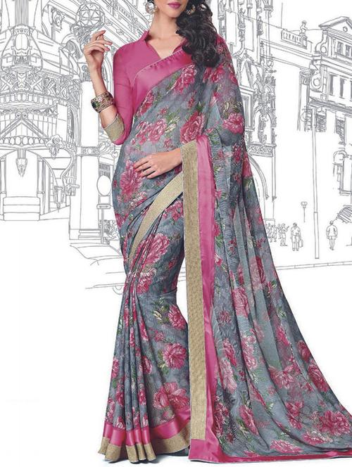 grey georgette printed saree with blouse - 13253226 - Very Small Image - 1
