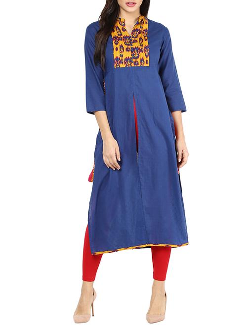 blue cotton high slit  kurta - 13254039 - Very Small Image - 1