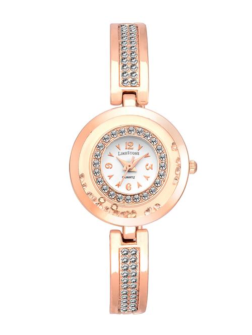 limestone beautiful studded party wear rose gold metal strap & white dial analog watch for women's/girl's - 13254363 - Very Small Image - 1
