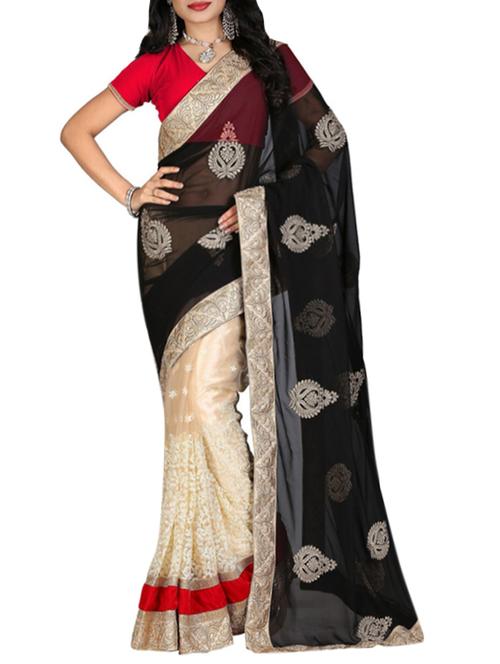 black & beige chiffon embroidered half and half saree with blouse - 13258131 - Very Small Image - 1