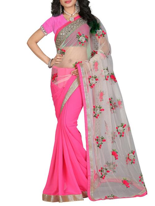 grey & pink net embroidered half and half saree with blouse - 13258143 - Very Small Image - 1