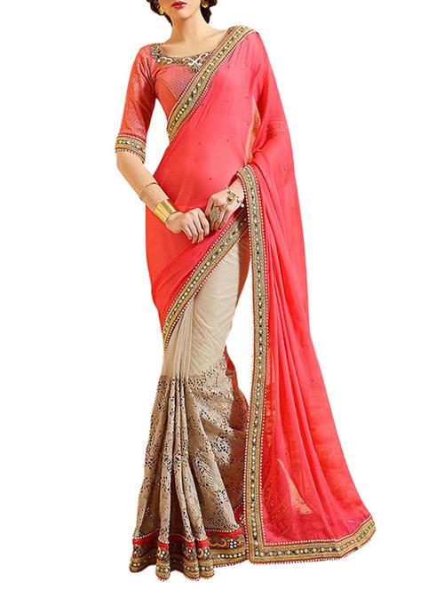 pink & beige chiffon embroidered half and half saree with blouse - 13258153 - Very Small Image - 1