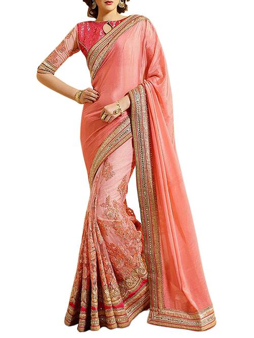 pink & peach chiffon embroidered half and half saree with blouse - 13258164 - Very Small Image - 1