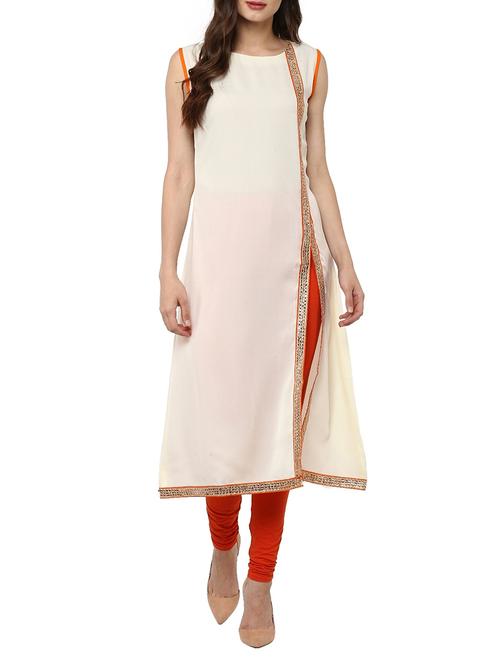 cream crepe embellished high-slit kurta - 13260767 - Very Small Image - 1