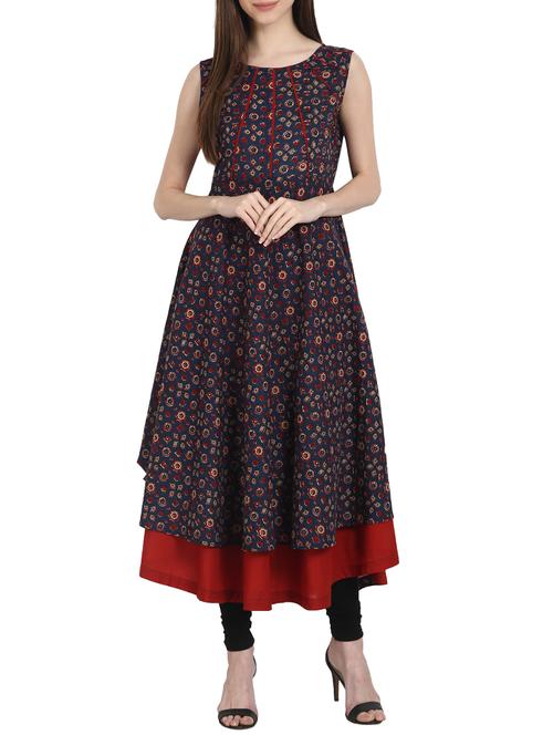 blue & red cotton printed layered kurta - 13263930 - Very Small Image - 1