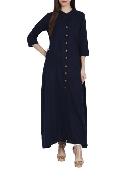 navy blue plain cotton long kurta - 13263934 - Very Small Image - 1