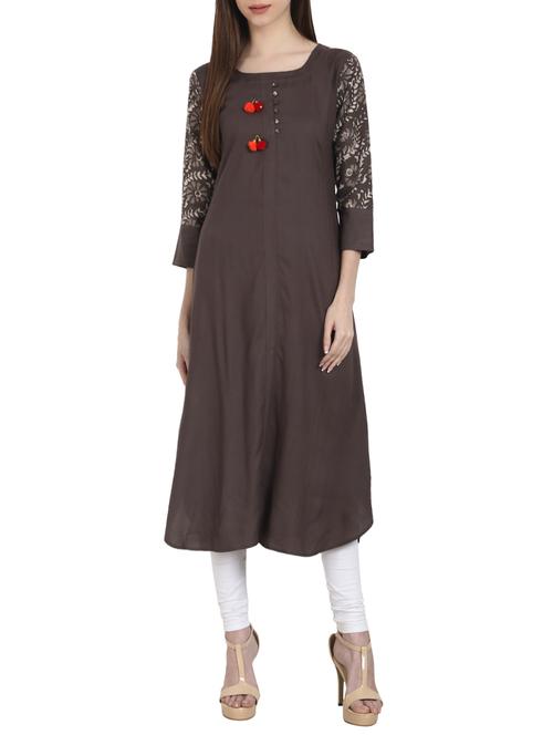 brown rayon  flared kurta - 13263970 - Very Small Image - 1