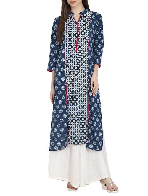 indigo cotton straight kurta - 13264077 - Very Small Image - 1