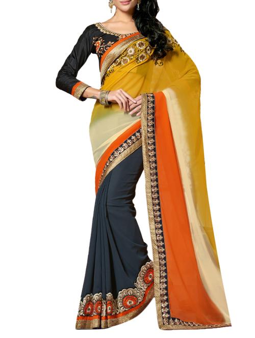 yellow & grey gerogette embroidered half and half saree with blouse - 13264713 - Very Small Image - 1