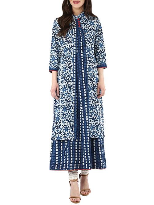 Indigo cotton printed kurta - 13269314 - Very Small Image - 1