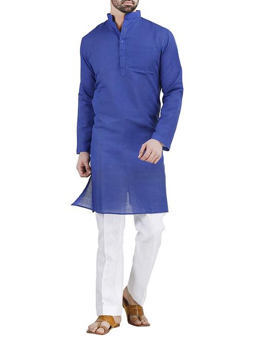 solid dark blue cotton kurta pyjama set - 13270109 - Very Small Image - 1