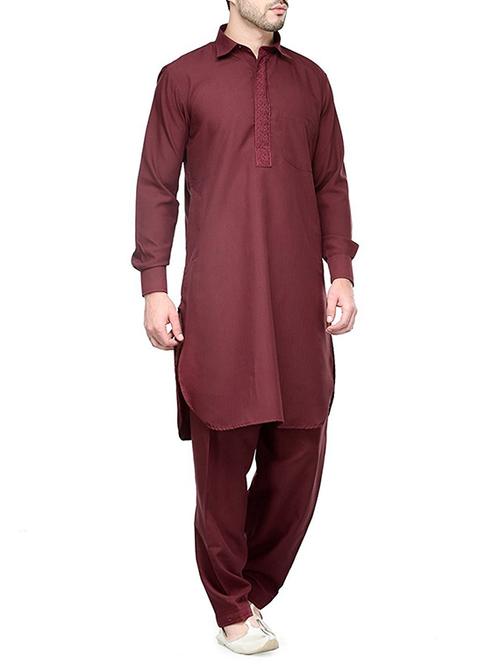 solid maroon cotton kurta pyjama set - 13270136 - Very Small Image - 1
