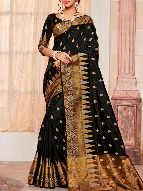 black raw silk saree with blouse - 13270183 - Very Small Image - 1