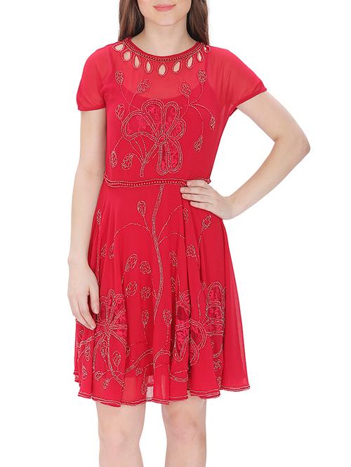 red georgette fit & flare dress - 13275003 - Very Small Image - 1