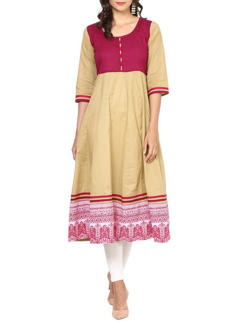 beige cotton anarkali kurta - 13277189 - Very Small Image - 1