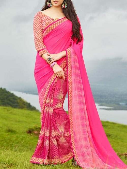 pink georgette printed saree with blouse - 13277723 - Very Small Image - 1