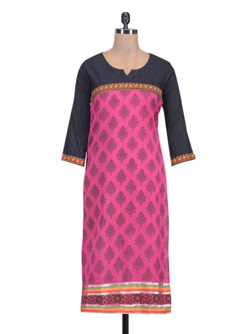 pink printed chanderi kurta with black yoke - 1327783 - Very Small Image - 1