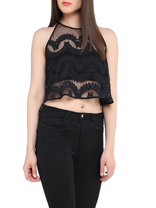 leaf embellished black net crop top - 13278061 - Very Small Image - 1