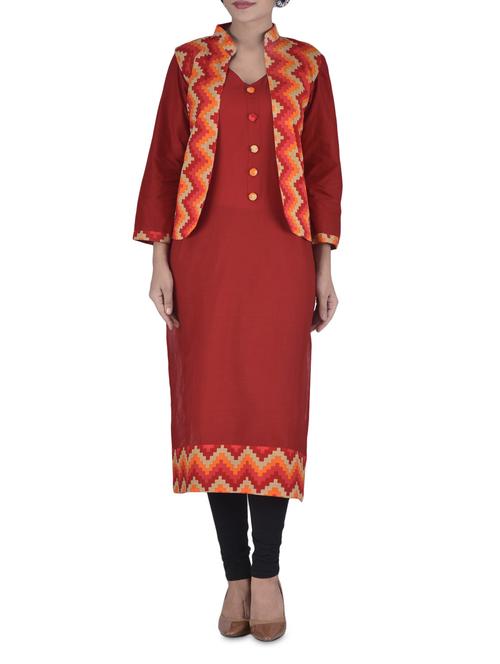 red cotton printed jacket kurta - 1327972 - Very Small Image - 1
