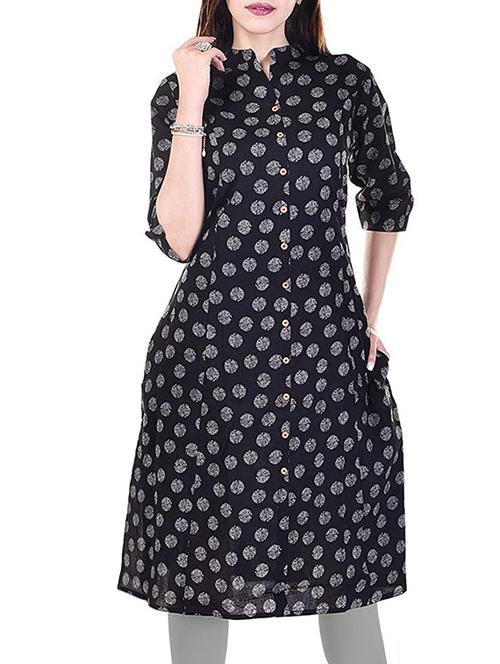 black cotton printed a-line kurta - 13280559 - Very Small Image - 1