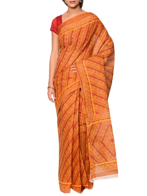 yellow cotton bandhani saree with blouse - 13283267 - Very Small Image - 1