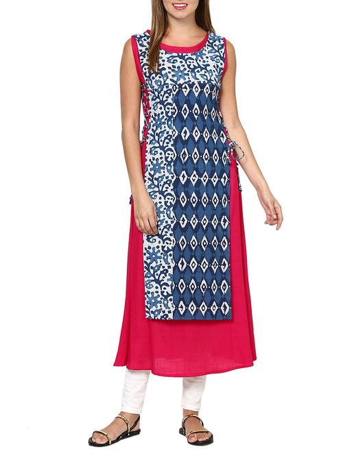 indigo, red and white cotton a-line kurta - 13284231 - Very Small Image - 1