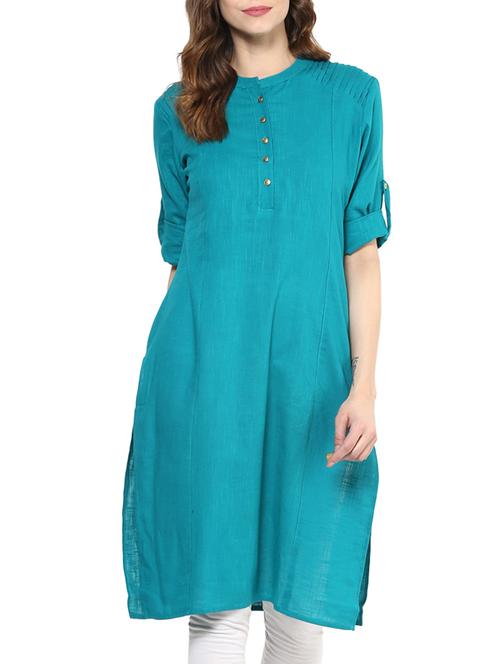 blue cotton blend straight solid kurta - 13290287 - Very Small Image - 1