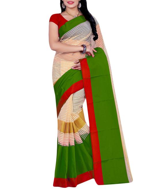 beige & green cotton striped woven saree with blouse - 13290301 - Very Small Image - 1