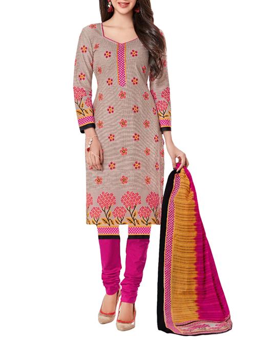 beige color cotton printed churidaar unstitched suit - 13291445 - Very Small Image - 1