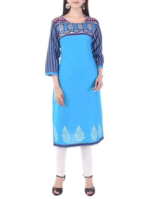 sky blue cotton block printed straight kurta - 13292755 - Very Small Image - 1