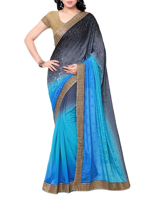 black & blue georgette embellished half and half saree with blouse - 13301496 - Very Small Image - 1