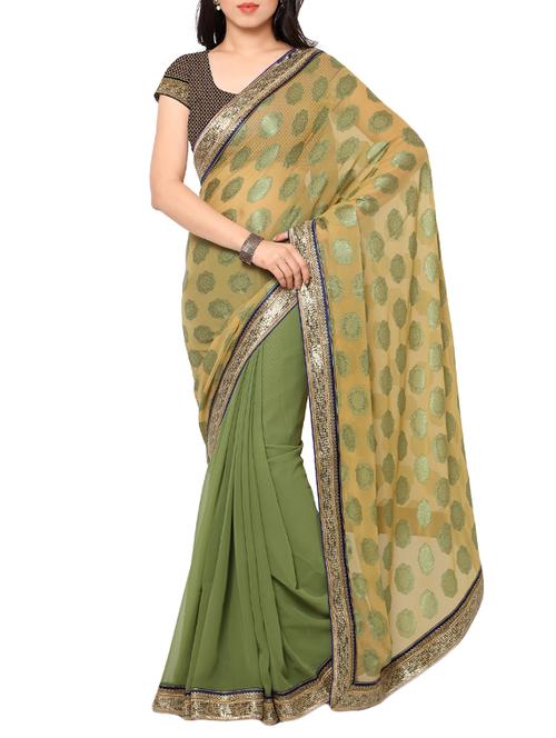 green georgette embellished half and half saree with blouse - 13301504 - Very Small Image - 1