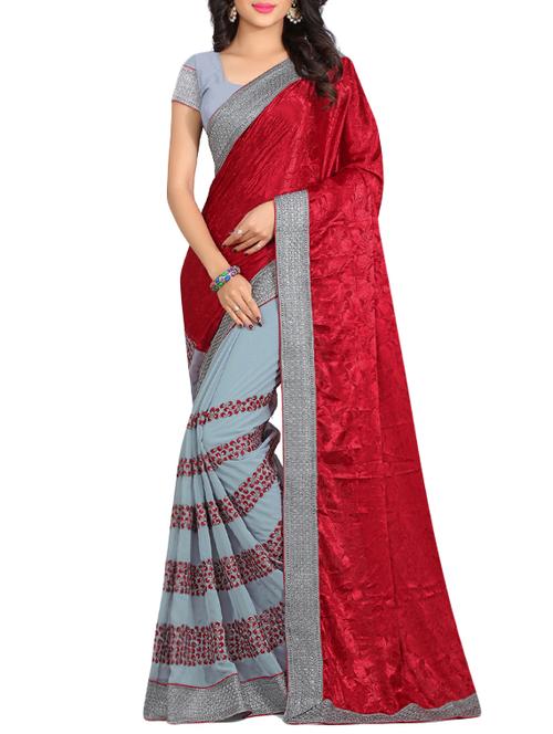 red & grey georgette embellished half and half saree with blouse - 13301506 - Very Small Image - 1