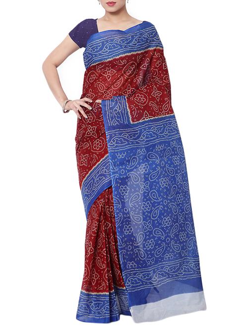 maroon cotton bandhani saree with blouse - 13308088 - Very Small Image - 1