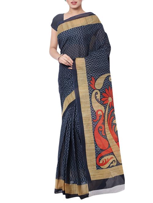 women's floral navy blue colored saree with blouse - 13308152 - Very Small Image - 1