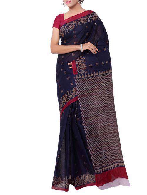 women's printed navy blue colored saree with blouse - 13308158 - Very Small Image - 1