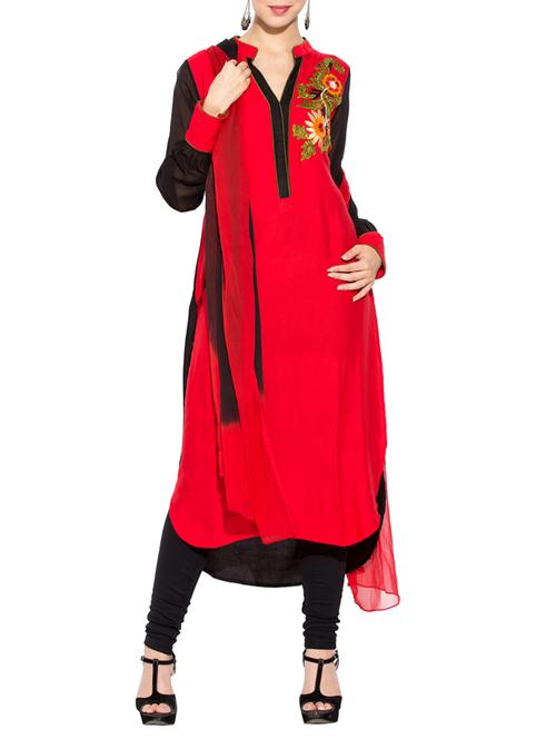 embroidered round hemline kurta with churidaar suit set - 13312220 - Very Small Image - 1