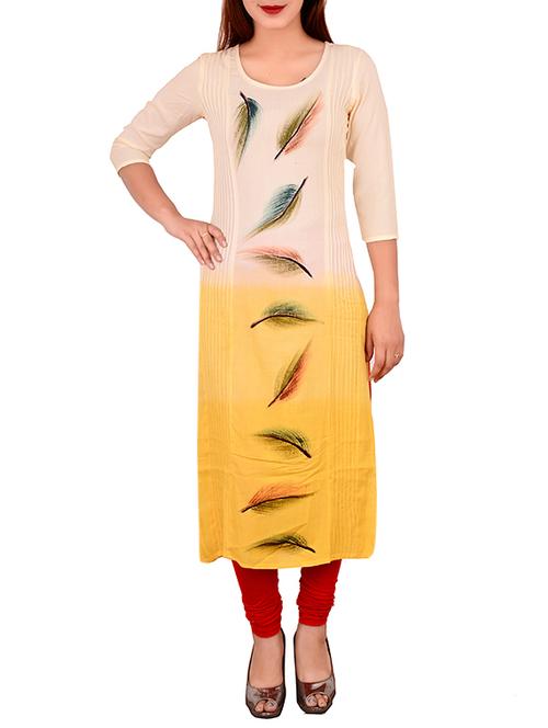 peach&yellow RAYON straight kurti - 13313231 - Very Small Image - 1