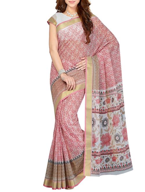 pink  cotton blend printed saree with blouse - 13325955 - Very Small Image - 1