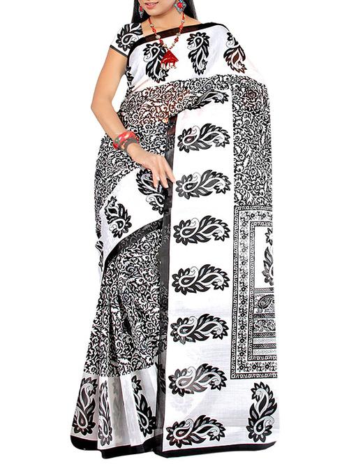 white poly cotton printed saree with blouse - 13326912 - Very Small Image - 1