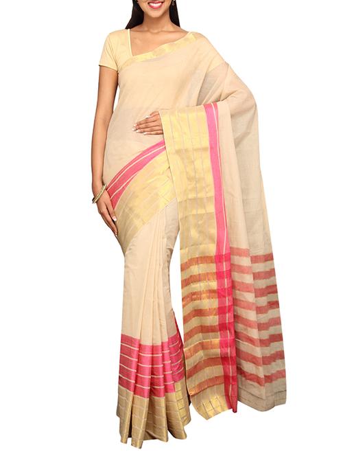 beige cotton bordered saree with blouse - 13326947 - Very Small Image - 1