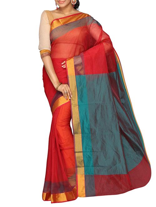 red cotton blend bordered saree with blouse - 13327128 - Very Small Image - 1