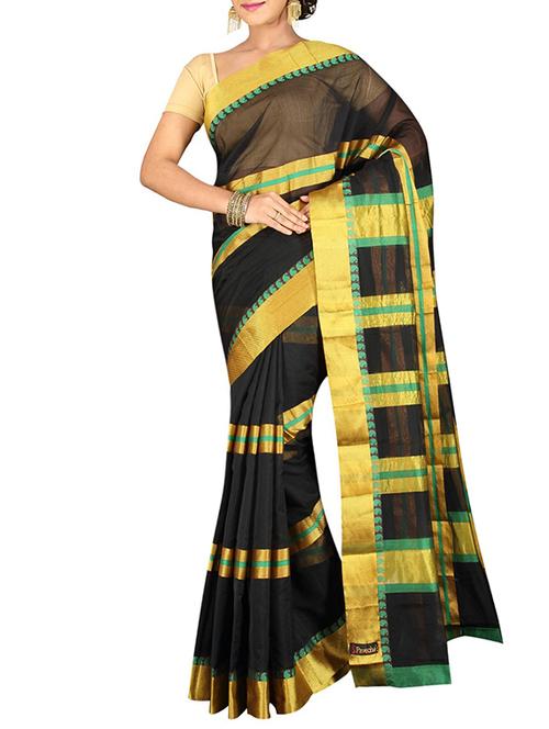 black cotton blend woven saree with blouse - 13327350 - Very Small Image - 1