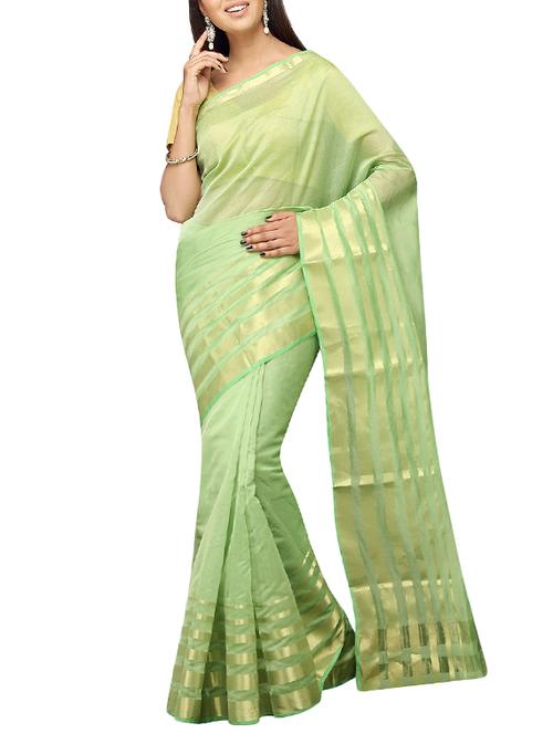 green cotton blend bordered saree with blouse - 13327534 - Very Small Image - 1