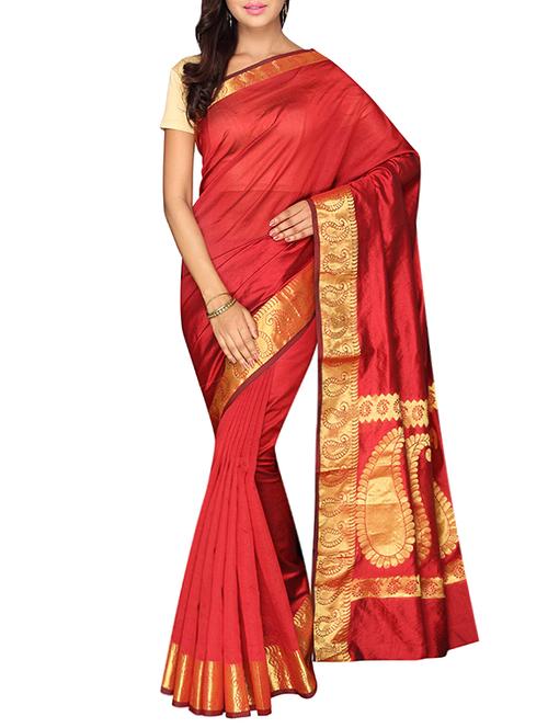 maroon cotton blend bordered saree with blouse - 13327598 - Very Small Image - 1