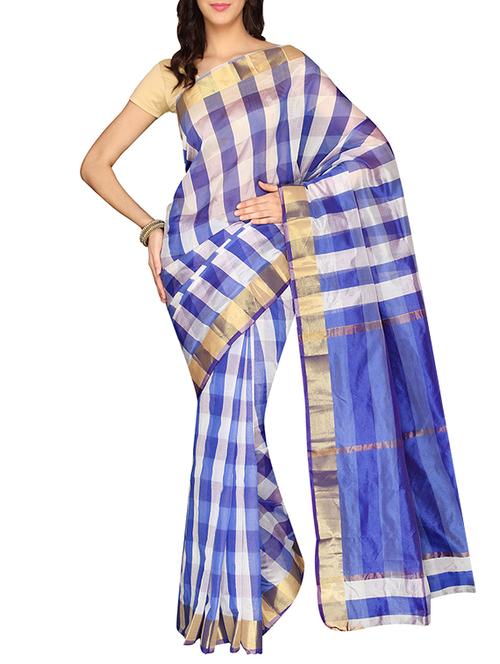 blue cotton blend woven saree with blouse - 13327610 - Very Small Image - 1