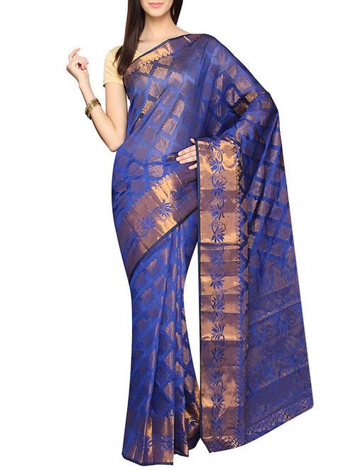 blue cotton blend saree with blouse - 13327638 - Very Small Image - 1