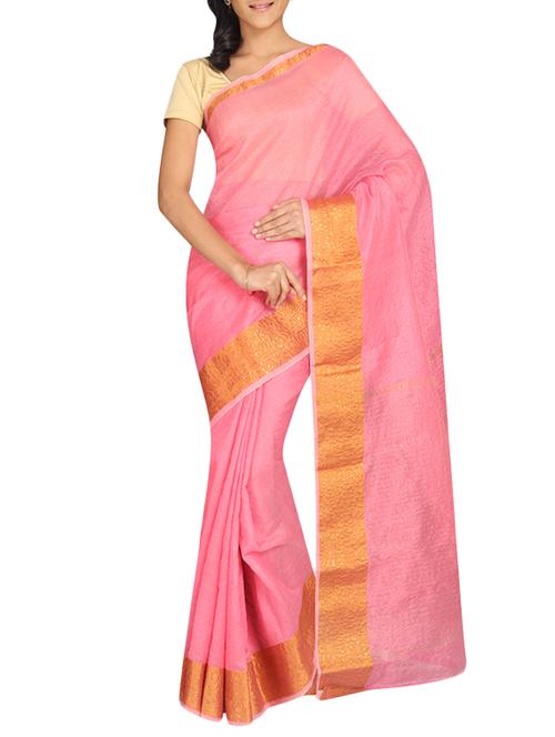 pink cotton blend bordered saree with blouse - 13327721 - Very Small Image - 1